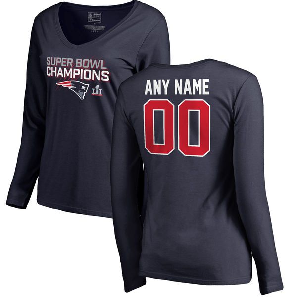 Women New England Patriots NFL Pro Line by Fanatics Branded Navy Super Bowl LI Champions Custom V-Neck Long Sleeve T-Shirt->nfl t-shirts->Sports Accessory